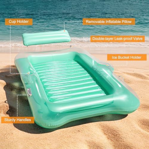 HeySplash Inflatable Swimming Pool Float, Large Inflatable Floating Boat for Adults with Cup Holder and Detachable Pillow, Lake River Summer Tanning Float Crystal Green
