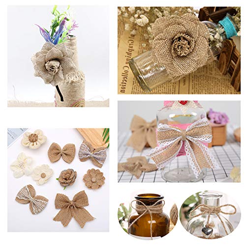 Forise Natural Burlap Ribbon Flowers Set,Include 16pcs Handmade Rustic Burlap Flowers,Different Sizes of Lace Burlap Ribbon Roll and Twine Ribbon for Wedding Home Craft Embellishment,21pcs
