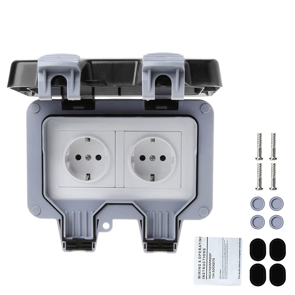 CENPEK Outdoor Socket IP66 Weatherproof, Double Sockets, Garden Socket, Surface-Mounted, Protective Contact for Damp Rooms, Garden, Outdoor Use, 2-way Outdoor Socket with Hinged Lid