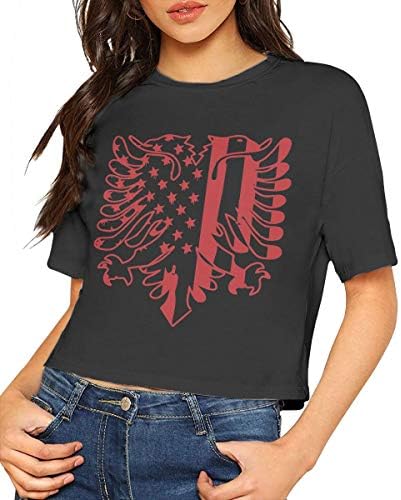 Women's Round Neck Crop Top Albania America Flag Print Basic Tee