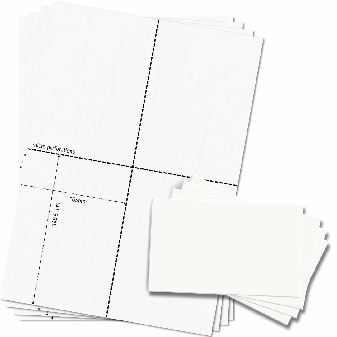 OfficeGear A6 Postcards 4-up [30 Sheets - 120 Cards] Perforated Printable Flash Cards for Study Revision Index Refills Flyer Menu Record 105x148mm - White A4 150gsm – Incl Design Template