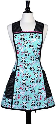 Plus Size Panda Bear Cute Womens Apron Black and White Pandas with Black Pin Dots Large Pockets Plus Size Option