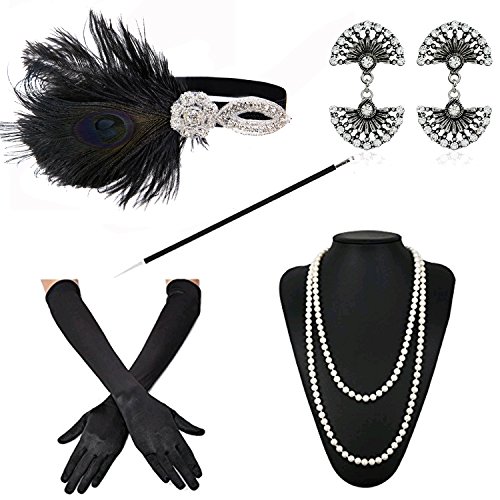 ZeroShop 1920s Accessories Headband Earrings Necklace Gloves Cigarette Holder (Medium, M15)