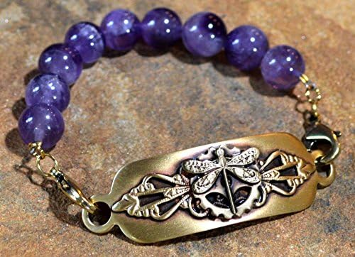 Elaine Coyne Satin Antiqued Neo-Victorian Dragonfly Rockband Wearable Art Bracelet - Dogtooth Amethyst