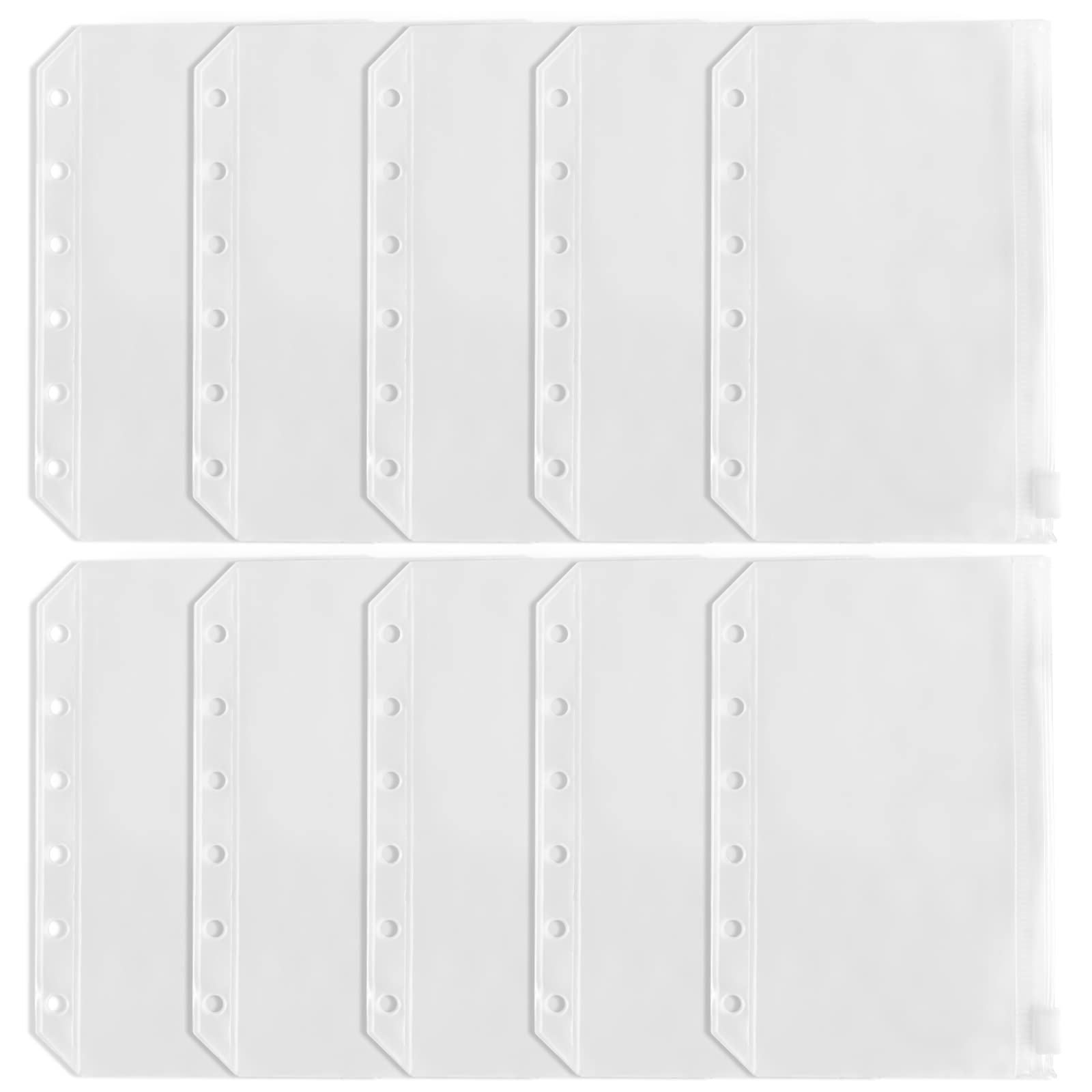 DY.2ten 10PCS Translucent 6-Hole Zipper Binder Pockets for A7 Notebooks, Waterproof Loose Leaf Bags