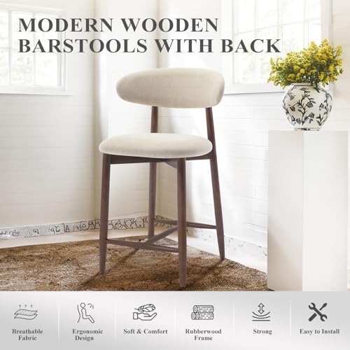 COLAMY Counter Height Bar Stools Set of 6, Kitchen Bar Stools with Back, Mid Century Modern Upholstered, with Wood Legs for Kitchen Island Dining Room, Beige