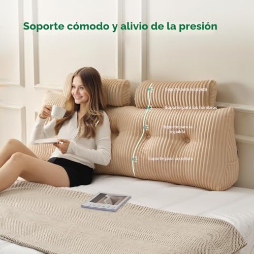 Z-hom Book Cushion, Wedge, Reading Cushion for Bed and Sofa, Back Cushion, Practical Side Compartment, Removable Cover, with Round Pillow (Beige, 200 x 50 x 20 cm)