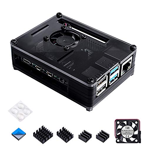 Smraza Raspberry Pi 4 Case, Acrylic Case for Raspberry Pi 4 Model B with Cooling Fan, 4PCS Heatsinks for Raspberry Pi 4B Black(RPI 4 Board Not Included)