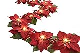 Homeseasons LED Lighted Red Poinsettia Garland with Holly Leaves and Red Berries,6 Feet,Perfect Holiday and Christmas Decoration