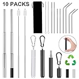 10 Packs Extendable Retractable Straws, 2 Upgraded Telescopic Stainless Steel Drinking Straws With Metal Keychain Case - 8 Long Reusable Metal Straws 2 Cleaning Brushes + 4 Silicone Tips 2 Carabiners