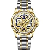 GLENAW Automatic Watches for Men-Rhinestone Ring Open Dial, Skeleton Mechanical Self Wind Watch, Men's Waterproof Watch Stainless Steel Strap