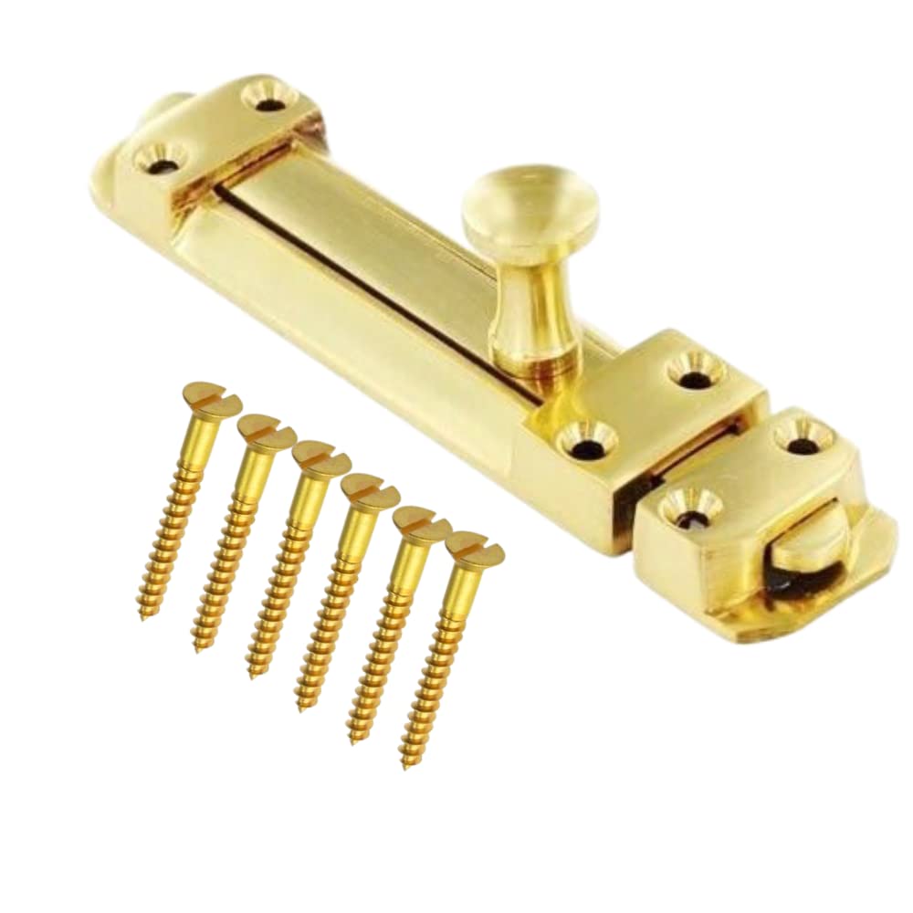 Brass Door Bolts 4 Inch Flat Bolt Surface Door Latches Tower Bolt Sliding Lock Flat Slide Safety Door Barrel Bolt with Screws 1 Pack.