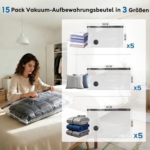Travel Vacuum Bags for Clothes with Wireless Electric 60000Pa Pump, Pack of 15 Vacuum Storage Bags in 3 Sizes (40 x 50/40 x 60/50 x 60 cm), Save 80% Space for Travel Luggage and Storage