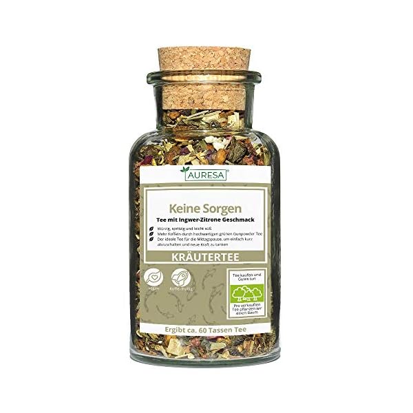 AURESA Kräutertee Keine Sorgen im Glas | Grüntee Grunpowder - 90g | Wiederverwendbare Glasflasche mit Korkverschluss