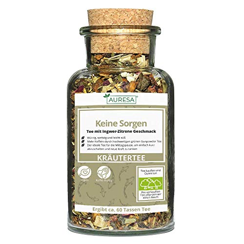 AURESA Kräutertee Keine Sorgen im Glas | Grüntee Grunpowder - 90g | Wiederverwendbare Glasflasche mit Korkverschluss