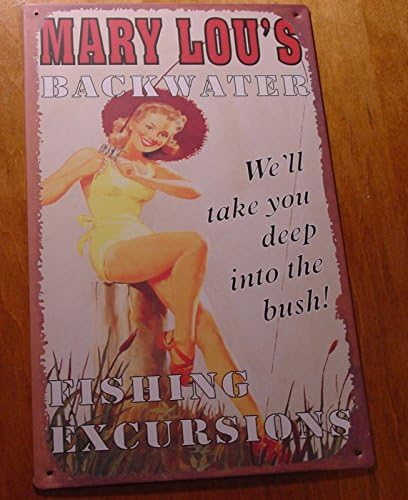 Mary Lou'S Backwater Fishing Excursions Rustic Pin Up Girl Fisherman Sign Decor