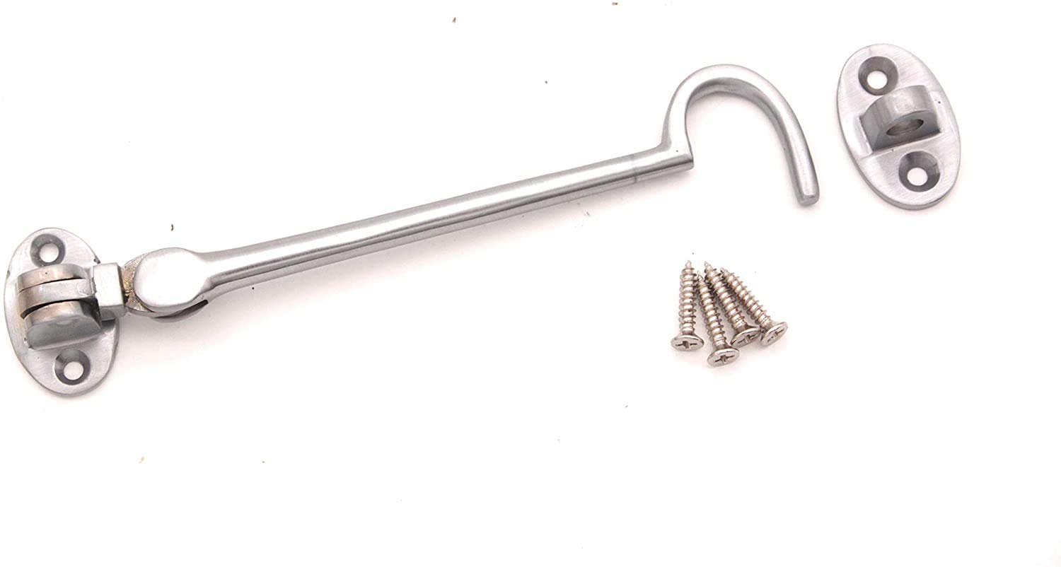 Infinity Decor Heavy Duty Satin Chrome 6" (150mm) Cabin Hook & Eye Silent Catch Door Latch Lock for Gate Shed Patio Window Garden Gate