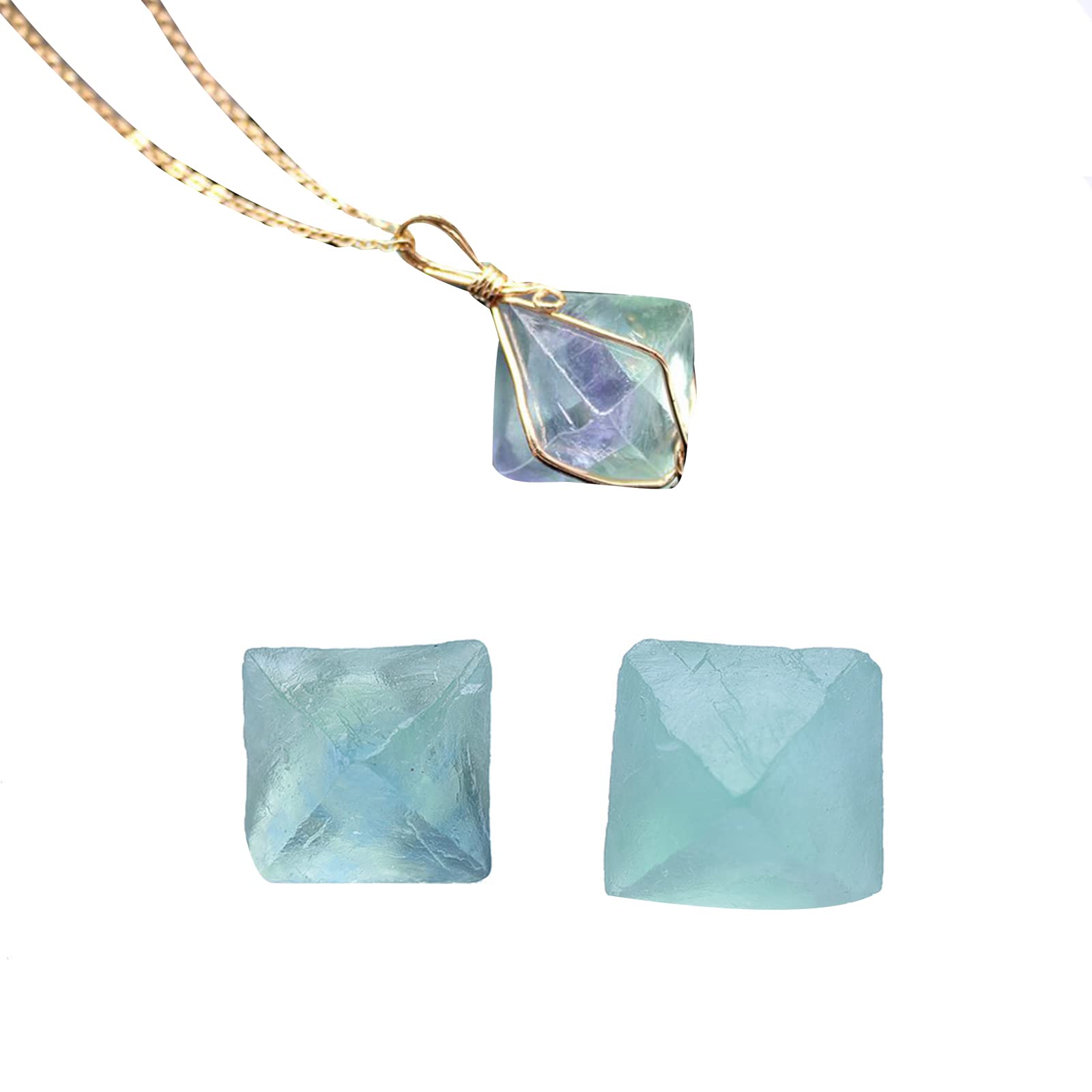 Soulnioi Healing Crystal Gold Wire Wrapped Blue Fluorite Octahedron Pendant Pendulum and Double-Pointed Octahedral Green Fluorite Rough Polished Mineral Specimen