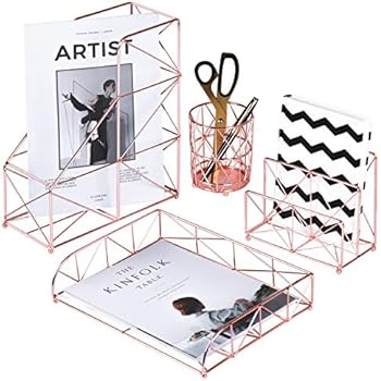 Simmer Stone Rose Gold Office Supplies, 4 in 1 Decorative Rose Gold Desk Accessories Organizer, Letter Sorter, File Holder, Desk Tray and Pen Holder
