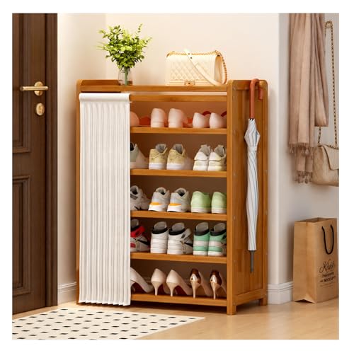 Shoe Rack Storage Cabinet Bamboo Free Standing Shoe Racks with Dustproof Curtain Storage Shelf Organizer for Entryway Hallway Bedroom (B-6 Tier)