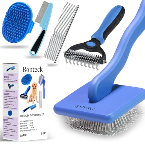 Photo 1 of Bonteck Dog Slicker Brush for Dogs Grooming Kit 4PCS | Large Dog Brush for Goldendoodles Poodles Doodles | Long Pin Haired Brush | Poodle Brushes and Comb (Blue)