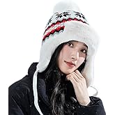 NICEYST Women Winter Beanie Hat Thick Fleece Lined Warm Earflap Trapper Hat Pom Pom Jacquard Knited Outdoor Ski Snow Cap