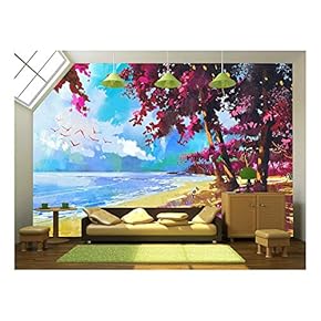 Pink Trees on The Beach,Summer,Landscape Illustration - Removable Wall Mural | Self-Adhesive Large Wallpaper - 66x96 inches