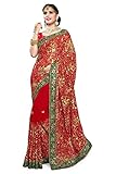 Mirchi Fashion Women's Red Faux Georgette Heavy Hand Work Bridal Wear Saree