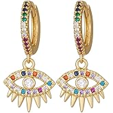 Rofeego Hoop Earrings with Evil Eye Dangle Charms, Pave Multicolor Stone