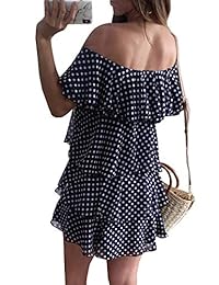 Etcyy - Mini vestido de gasa casual con estampado floral, sin hombros, para verano o playa