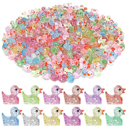 GOKUPOK 60 Pcs Glitter Mini Resin Ducks 12 Colors Little Duck Figures Tiny Ducks for DIY Garden Micro Landscape Aquarium Potted Dollhouse Decoration Decor