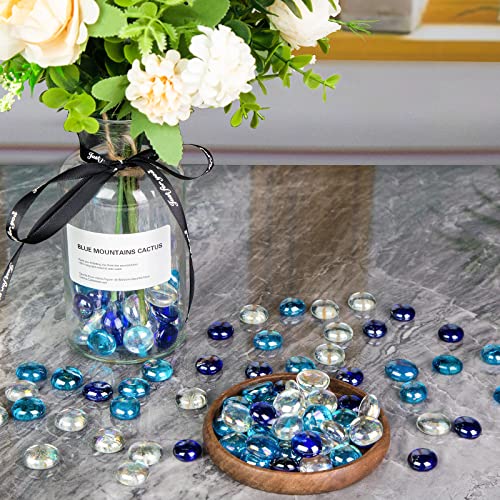 JOHOUSE 120PCS Flat Glass Marbles, Iridescent Glass Beads Dazzling Glass Pebbles Blue Mixed Aqarium Gems for Vase Filler Home Decor DIY Craft