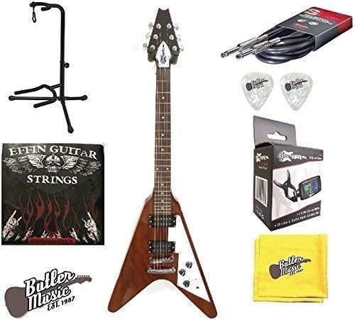 Effin Guitars FV/MA V Shape Natural Electric, Tuner, Cable, Stand, More Bundle