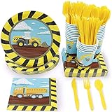 Juvale Construction Birthday Party Supplies - Serves 24 for Kids with Paper Plates, Napkins, Cups and Cutlery