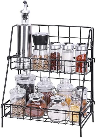 Kufox 2-Tier Spice Rack, Metal Wire Spice Organizer Shelf, Multifunctional Storage Organizer Rack for Kitchen, Pantry and Bathroom, Black