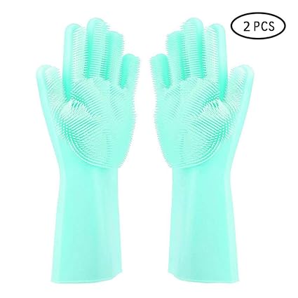 Silicone Gloves, KOBWA Magic Dishwashing Gloves with Scrubber, Heat Resistant Reusable Cleaning Gloves for Kitchen, Bathroom, Car, Pet Care - 1 Pair