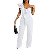 kaimimei Womens Casual Jumpsuits V-Neck Sleeveless Ruffle Backless Belted Wide Leg Pant Sexy Romper Party Clubwear