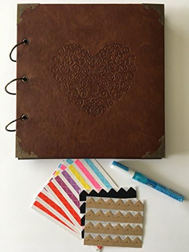 Leather Photo Album 10 1/4 x 10 3/4" with Embossed Heart - Includes Bonus Zig Acid Free 2 Way Glue Pen & Assorted Photo Corners