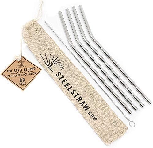 Metal Straws - 4 Reusable Stainless Steel Straws w/ Cleaning Brush in Cloth Bag - Straw fits 20 Ounce Tumblers