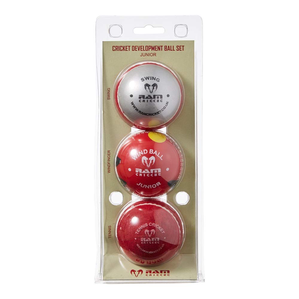 Ram Cricket Development Balls Set - multi pack of 3 development cricket coaching balls (1 x Swing Ball, 1x Windfinger Ball and 1x Tennis Cricket Ball) - Junior. Soft balls for cricket coaching
