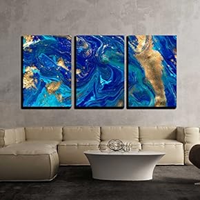 3 Piece Canvas Wall Art - Marbled Blue Abstract Background. Liquid Marble Pattern. - Modern Home Art Stretched and Framed Ready to Hang - 16"x24"x3 Panels