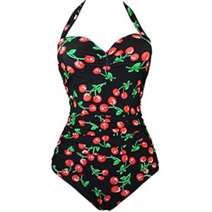 EUDOLAH Dames badpak Figuurvormende Badmode Nekhouder Retro Vintage Push Up Kersen Cherry Belly Path