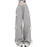SweatyRocks Women's Bow Side Wide Leg Pants Drawstring Baggy Casual Going Out Trousers with Pockets