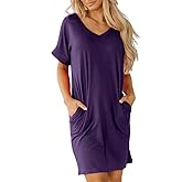 Camisunny Womens Short Sleeve Pleated Loose Swing Casual Dresses with Pockets Knee Length Summer V Neck Tunic Dress