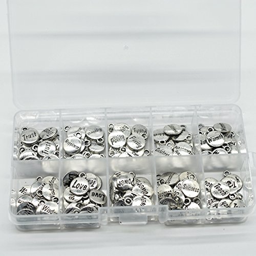 100PCS 10 Words Inspirational Charms Collection, Silver Tone Round Charm Pendants, Vintage Jewelry Supply Lot, C39