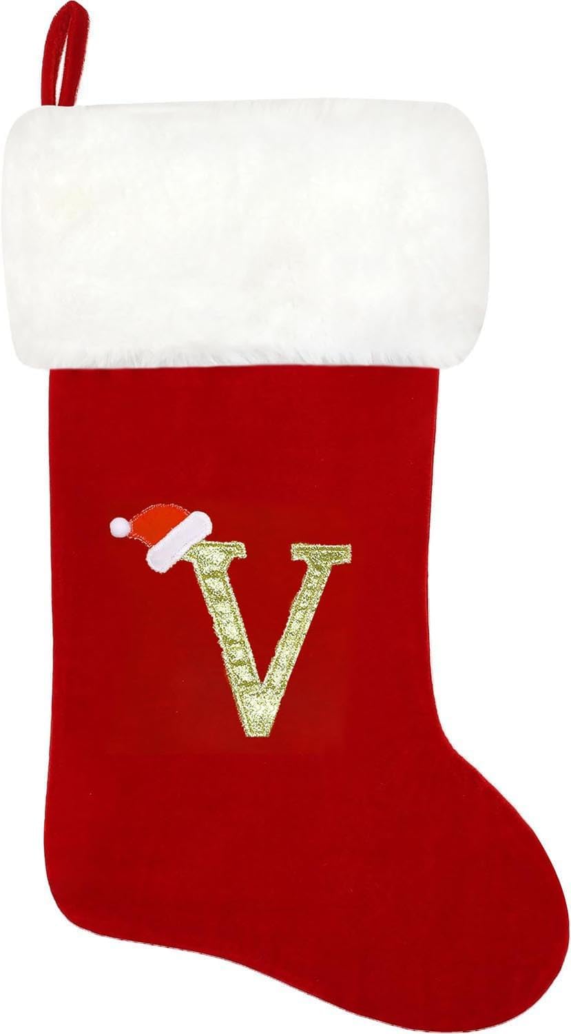 Stockings & Holders - SherryDC Personalized Letter Christmas Stockings, Soft Velvet Plush Cuff Embroidered Xmas Stockings Decorations for Family Holiday Season Decor(Letter V)