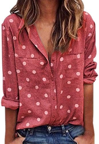 Letdown Women Long Sleeve Button Down Shirt Trun Down Collar Polka Dot Printing Casual Blouse