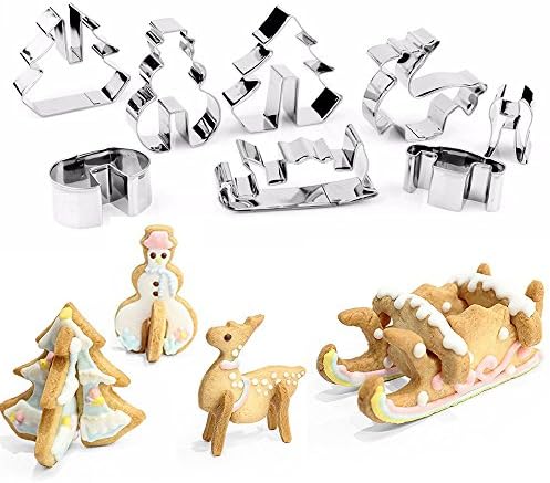 Kystpiner 3D Christmas Cookie Cutters Set of 8 Stainless Steel Baking Molds -Snowman Christmas Tree Elk and Sledge