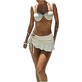 WDIRARA Women's 3 Piece Swimsuit Ruched High Cut Bikini Sets with Ruffle Cover Up Skirts