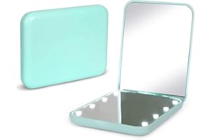 Kintion Pocket Mirror, 1X/3X Magnification LED Compact Travel Makeup Mirror with Light for Purse, 2-Sided, Portable, Folding, Handheld, Small Lighted Mirror for Gift, Cyan